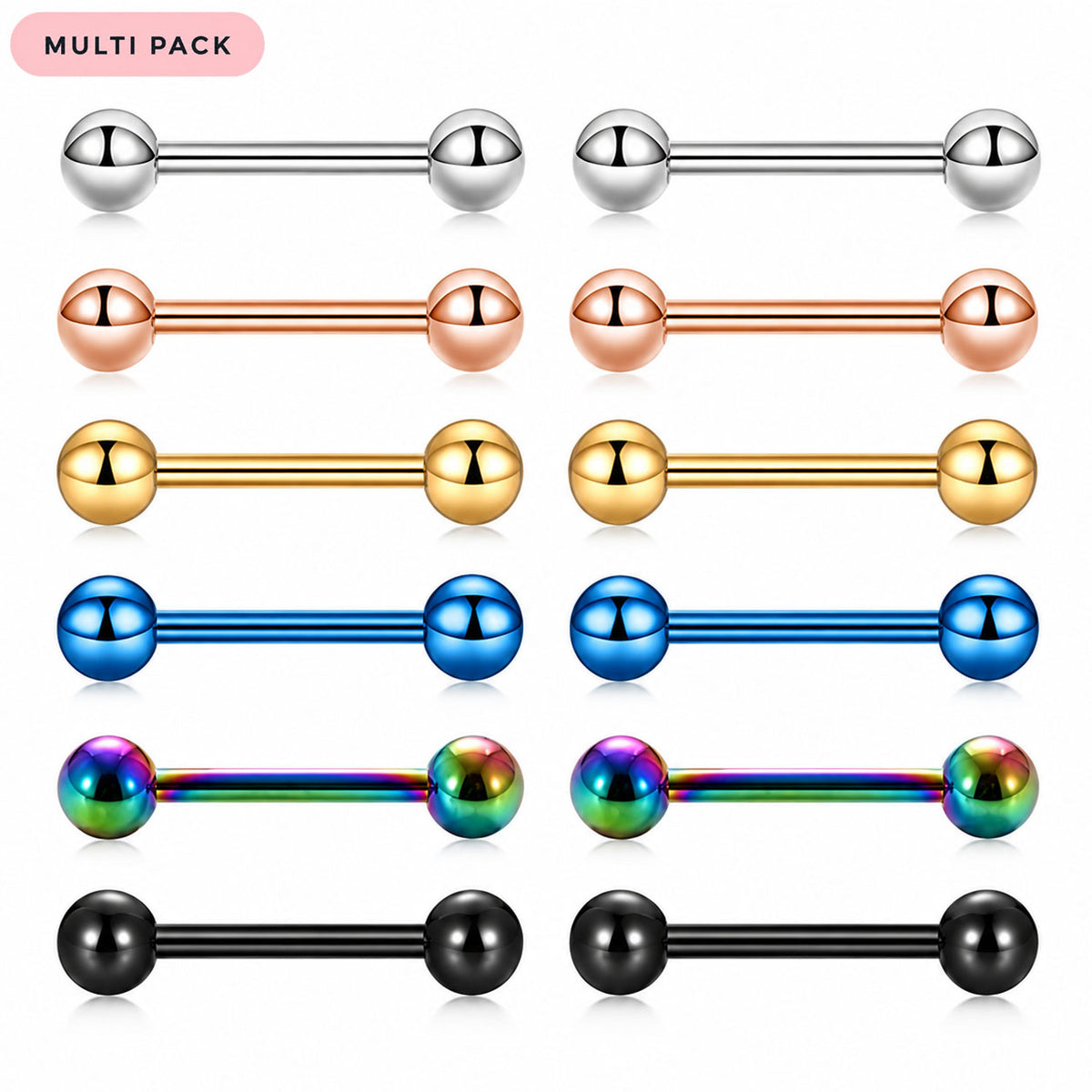 A 12-piece multi-pack of barbell stud earrings shown in various finishes: silver, rose gold, yellow gold, blue, iridescent rainbow, and black. Each pair consists of a straight bar with two polished spherical beads at the ends.