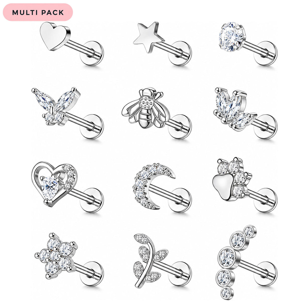 A 12-piece multi-pack of silver-toned navel piercings decorated with clear crystals and charms, including hearts, stars, flowers, a bee, a crescent moon, and a heart with a flower, arranged on a white background with a pink 'MULTI PACK' label in the top left corner.