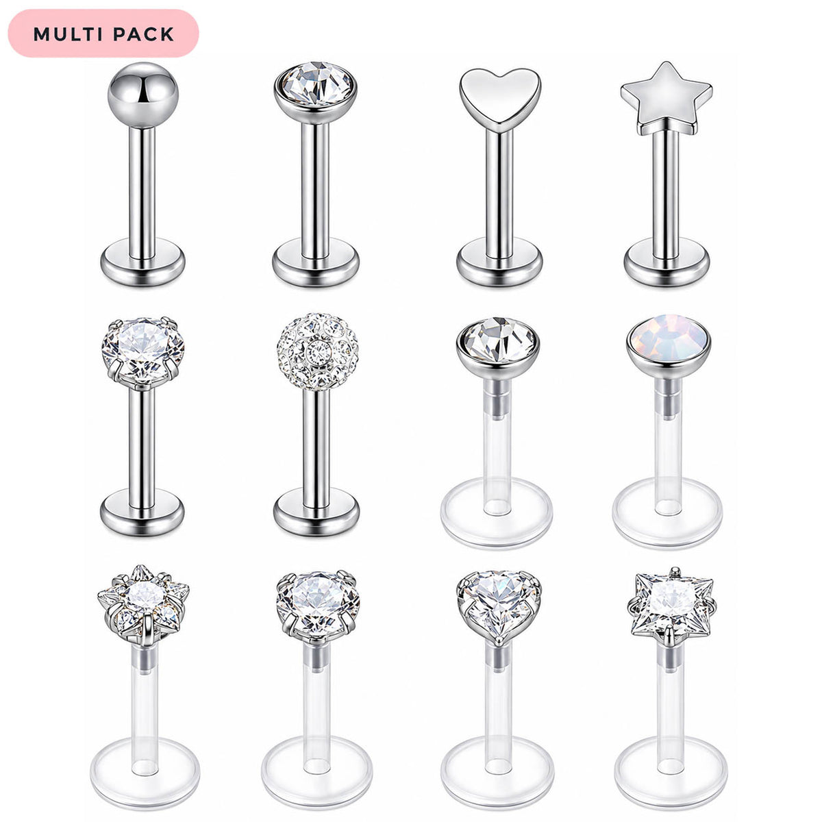 Twelve silver-toned labret piercing studs arranged in a 3x4 grid on a white background, with a pink 'MULTI PACK' label in the top-left corner. The studs feature various flatback designs including round, heart, star, floral, and clear gemstone settings.