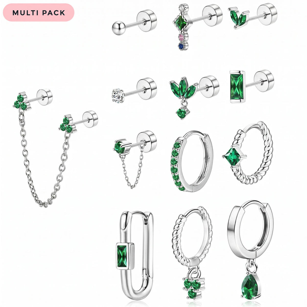 A 12-piece silver stud and hoop earrings set with green gemstones, displayed on a clean white background with a pink 'MULTI PACK' label in the top left corner.