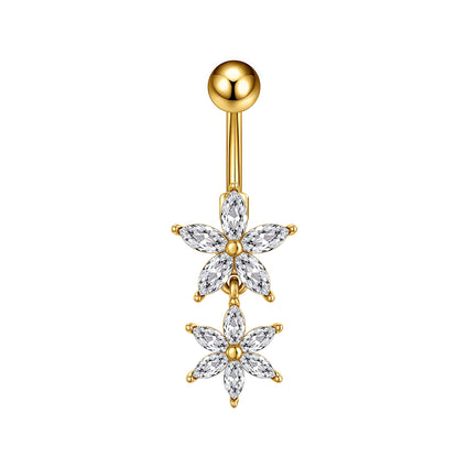 A gold-plated belly button ring featuring two dangling flower charms set with clear marquise-cut rhinestones, shown on a plain white background.