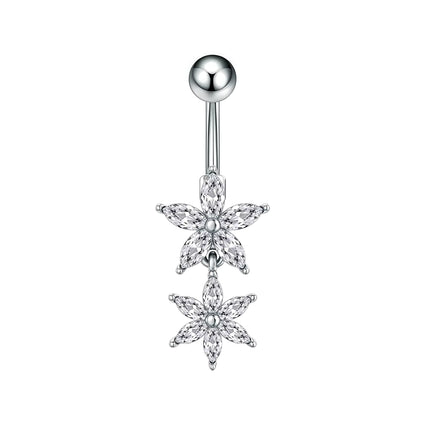 A silver-toned belly button ring featuring two dangling flower charms set with clear marquise-cut stones, shown against a plain white background.