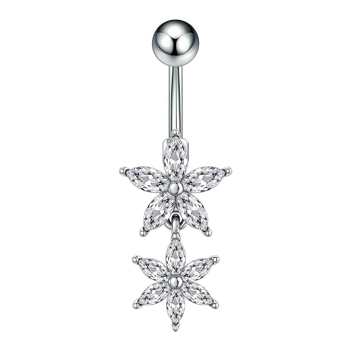A silver-toned belly button ring featuring two dangling flower charms set with clear marquise-cut and round stones, shown against a plain white background.