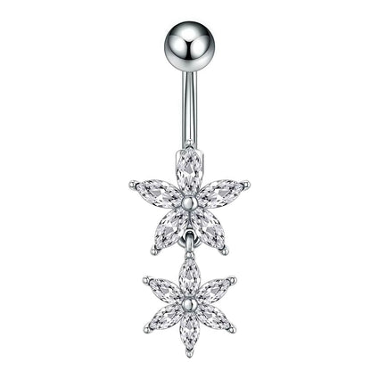 A silver-toned belly button ring featuring two dangling flower charms set with clear marquise-cut and round stones, shown against a plain white background.