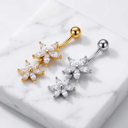 14G Double Crystal Flower Belly Button Bar