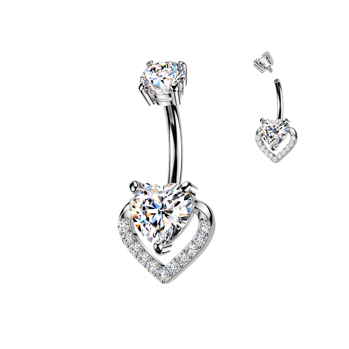 Heart-shaped belly button ring and matching earrings on a white background