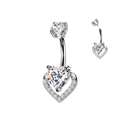 Heart-shaped belly button ring and matching earrings on a white background