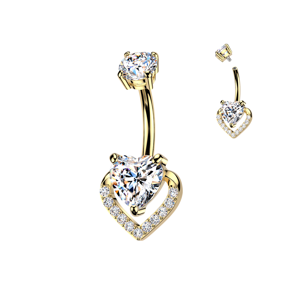 Gold belly button ring with heart-shaped gemstone on a white background