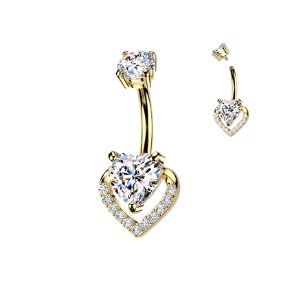 Gold belly button ring with heart-shaped gemstone on a white background
