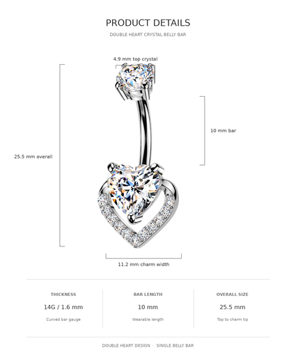 Product details diagram for a double heart crystal belly bar, showing a silver curved barbell with two heart-shaped clear crystals and dimension labels including 25.5 mm overall, 10 mm bar length, and 11.