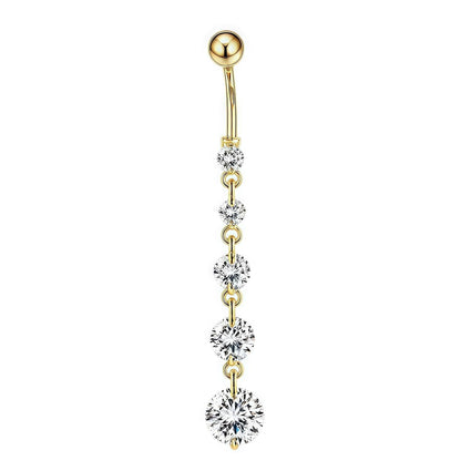 Gold 14G Five Crystal Cascade Belly Bar with cubic zirconia crystals