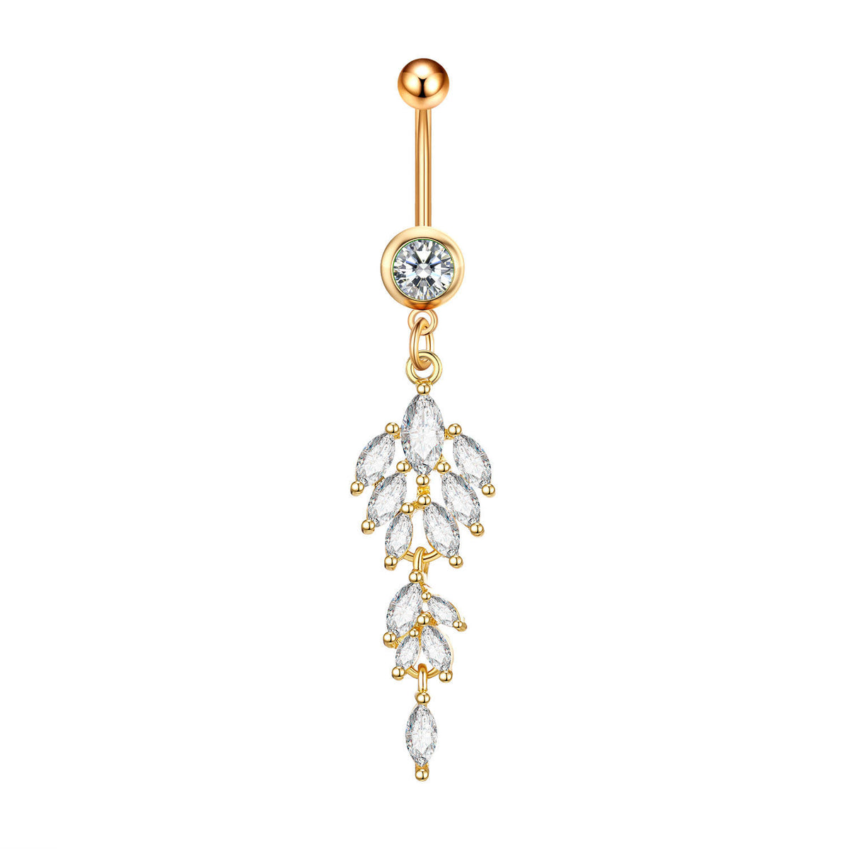 A gold-plated belly button ring featuring a single round clear gemstone and a dangling leaf-shaped cluster of clear marquise and teardrop gemstones, shown against a plain white background.