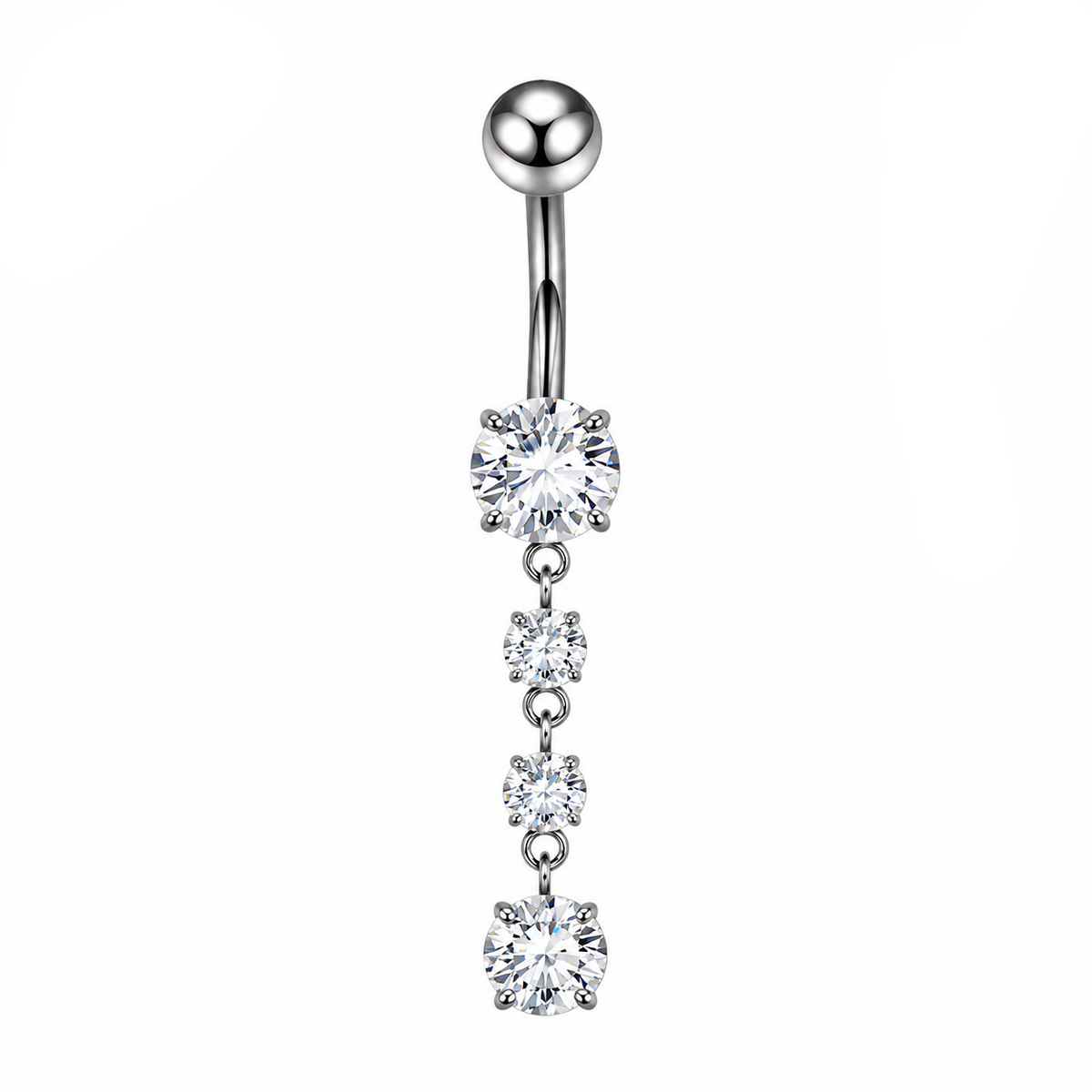 Silver-toned titanium curved barbell belly button ring with four dangling clear cubic zirconia stones, shown on a white background with a close-up inset of the hook and a black 'SOLID G23 TITANIUM' badge.