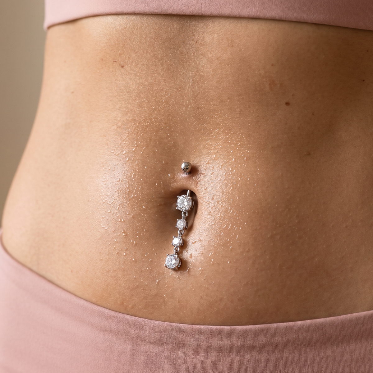 14G Titanium Four Crystal Cascade Belly Bar worn by gym model silver