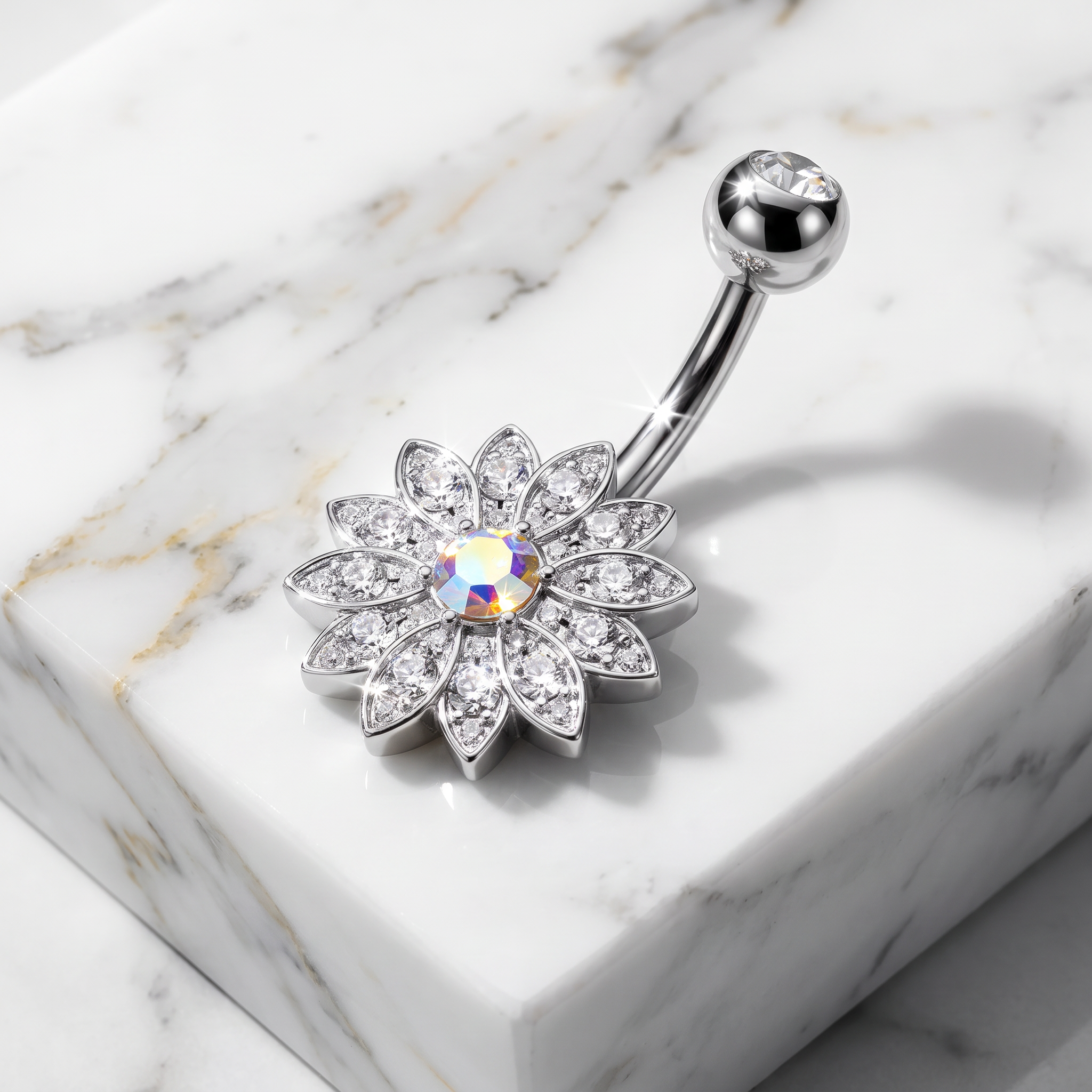 14 Gauge Aurora Flower Crystal Belly Button Bar