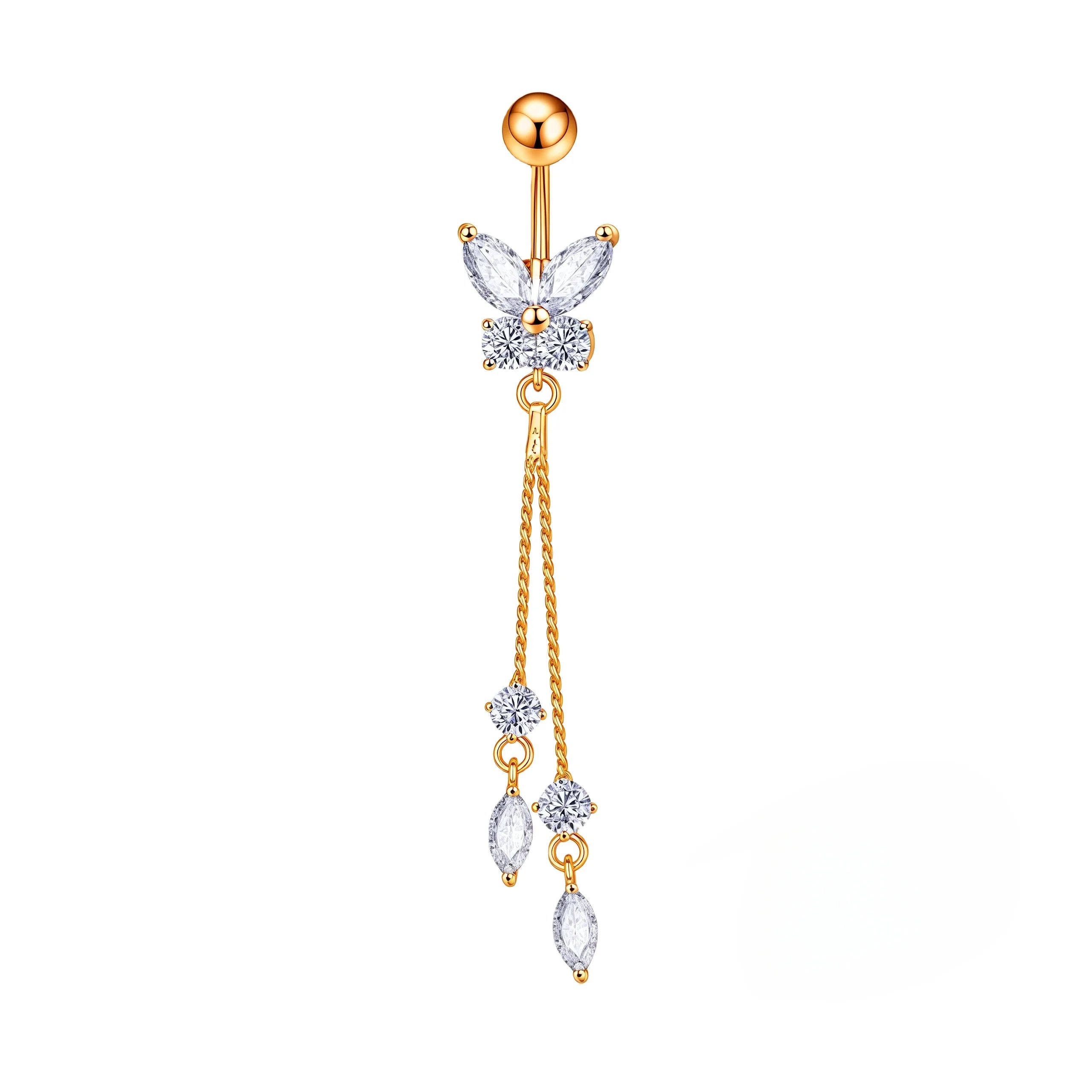 Gold belly button ring with butterfly and gemstone design on a white background