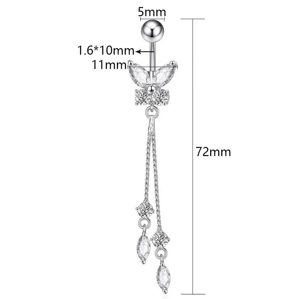 Butterfly-shaped earring with chain and measurements on a white background