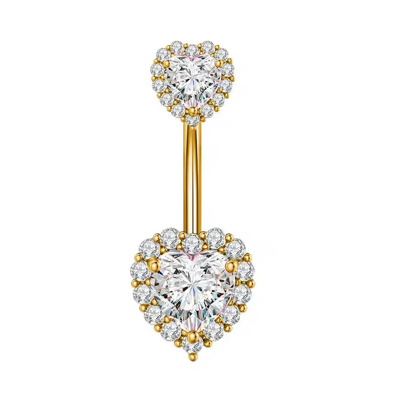 A gold-plated belly button ring featuring two heart-shaped halos set with clear round-cut gemstones, suspended from a straight bar, shown on a plain white background.