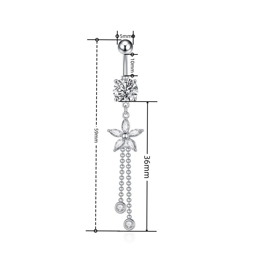Silver-toned dangle earring with floral and butterfly motifs, shown with dimension annotations including 5mm, 10mm, 36mm, and 59mm on a white background.