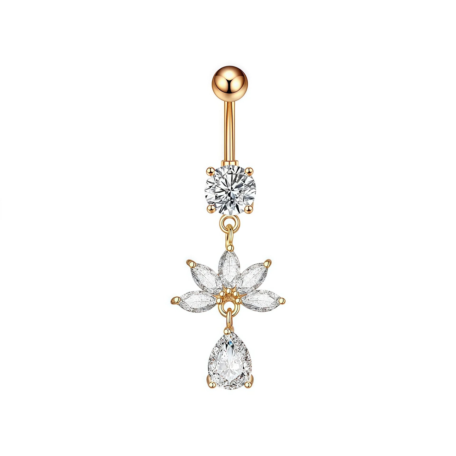 A gold-plated belly button ring featuring a round ball at the top, a clear round gemstone, a flower-shaped cluster of clear gemstones, and a teardrop-shaped clear gemstone dangling at the bottom, shown on a plain white background.