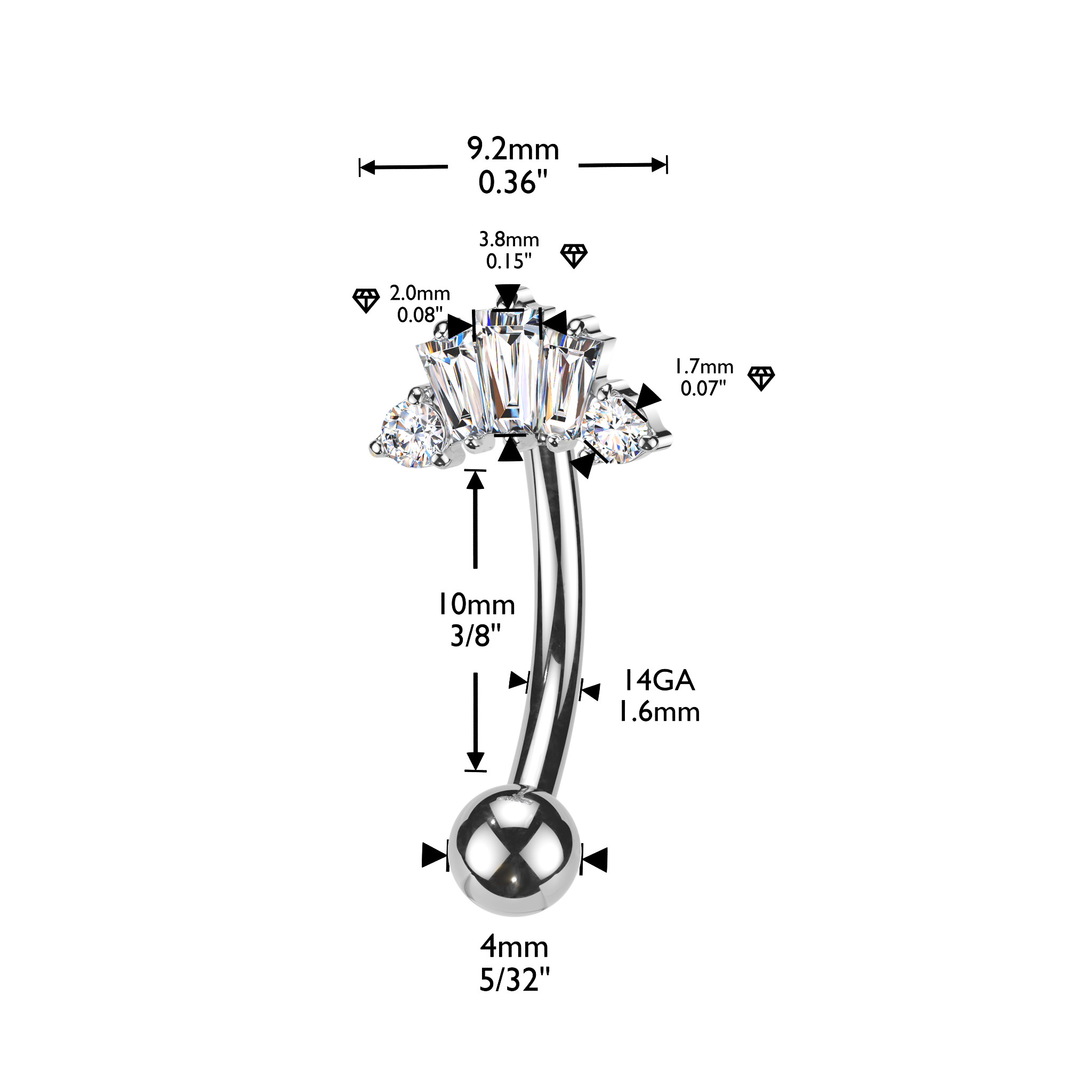 14 Gauge Crystal Row Reverse Belly Button Bar