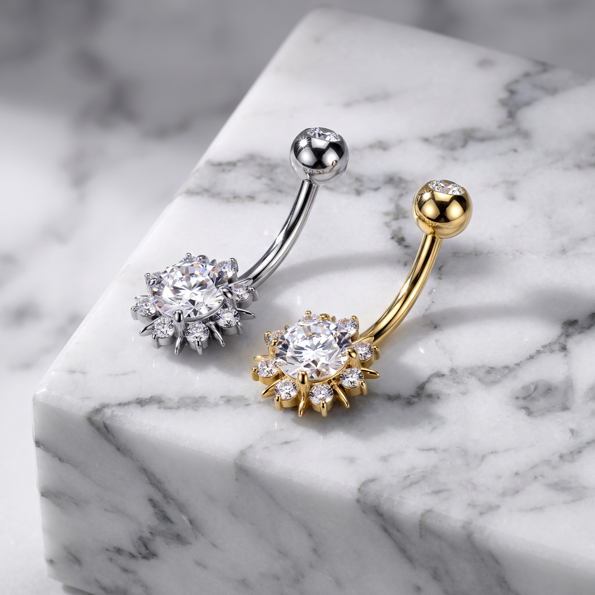 14 Gauge Crystal Sunburst Belly Bar