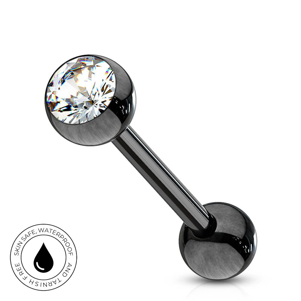 A black barbell piercing stud with a faceted clear crystal on one end and a brushed black ball on the other, shown on a white background with a circular 'Skin Safe Waterproof' badge in the lower left.