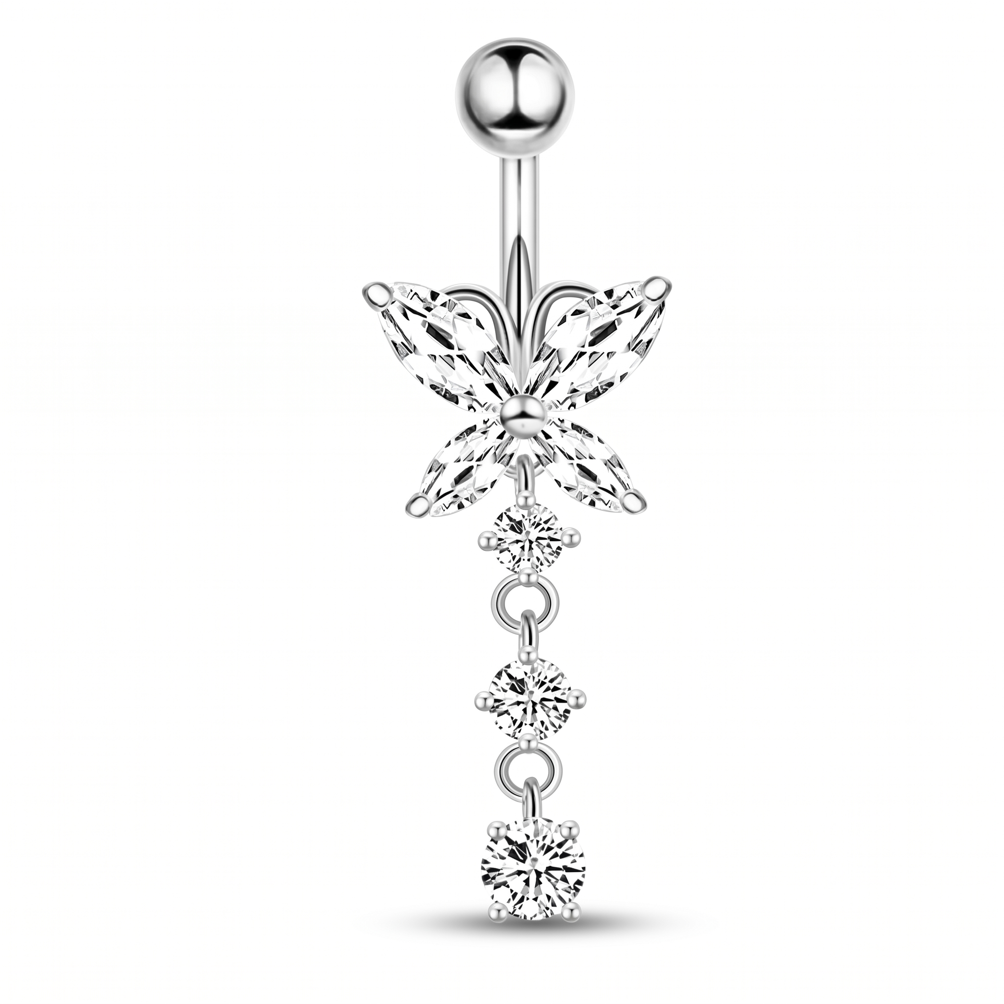A silver-toned belly button ring featuring a butterfly motif with clear rhinestones, three dangling clear rhinestone clusters, and a round ball end, shown on a plain white background.