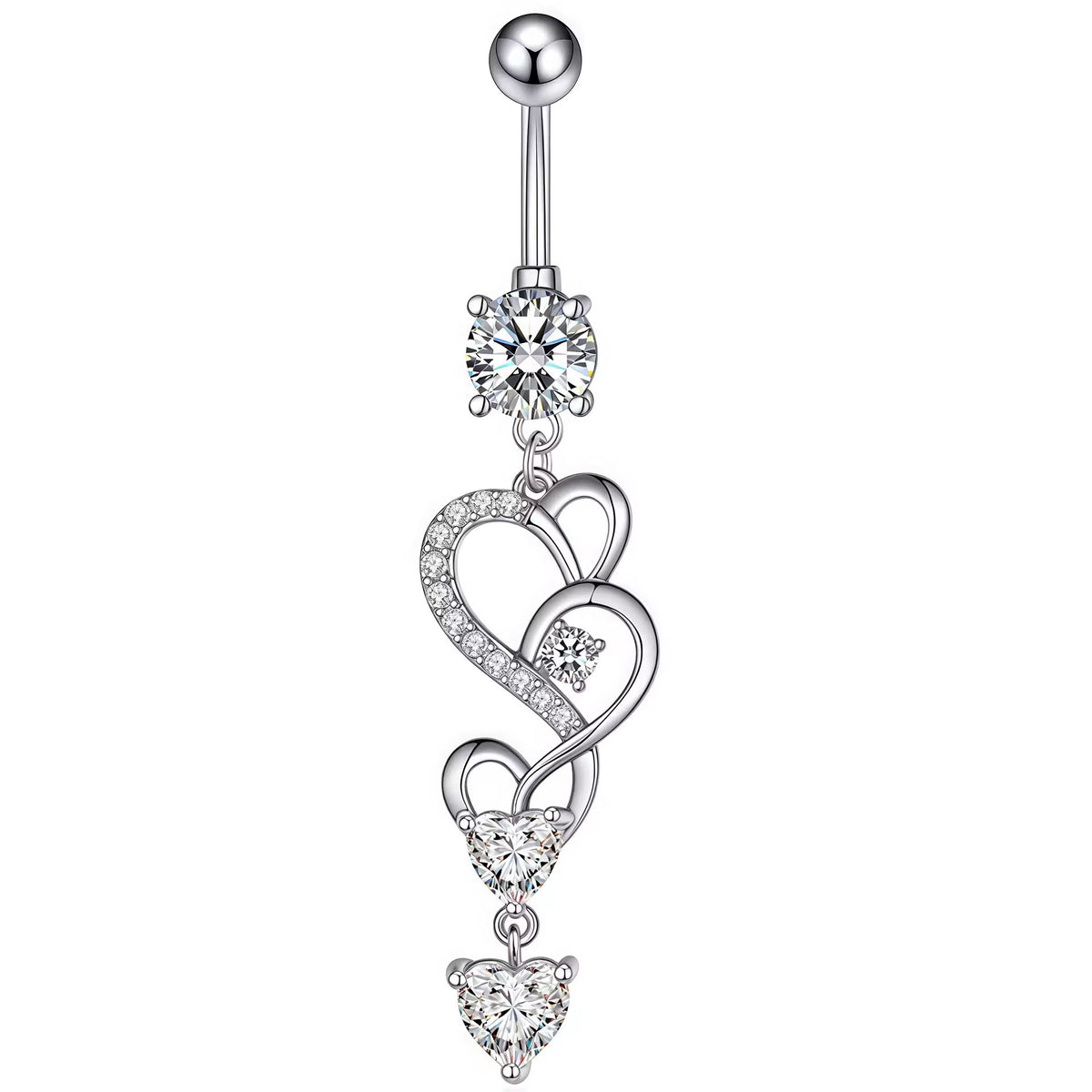 A silver-toned belly button ring featuring a vertical dangle design with three interlocking heart motifs, each adorned with clear rhinestones and a round clear stone at the top, shown on a plain white background.