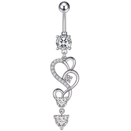 A silver-toned belly button ring featuring a vertical dangle design with three interlocking heart motifs, each adorned with clear rhinestones and a round clear stone at the top, shown on a plain white background.