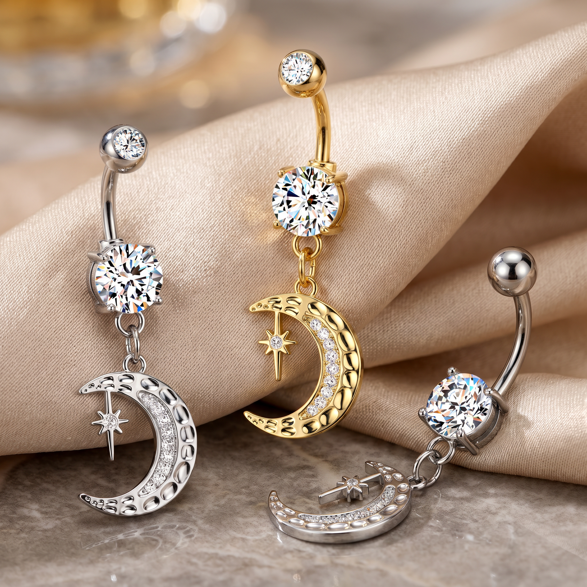 14 Gauge Dangling Crystal Moon Belly Bar