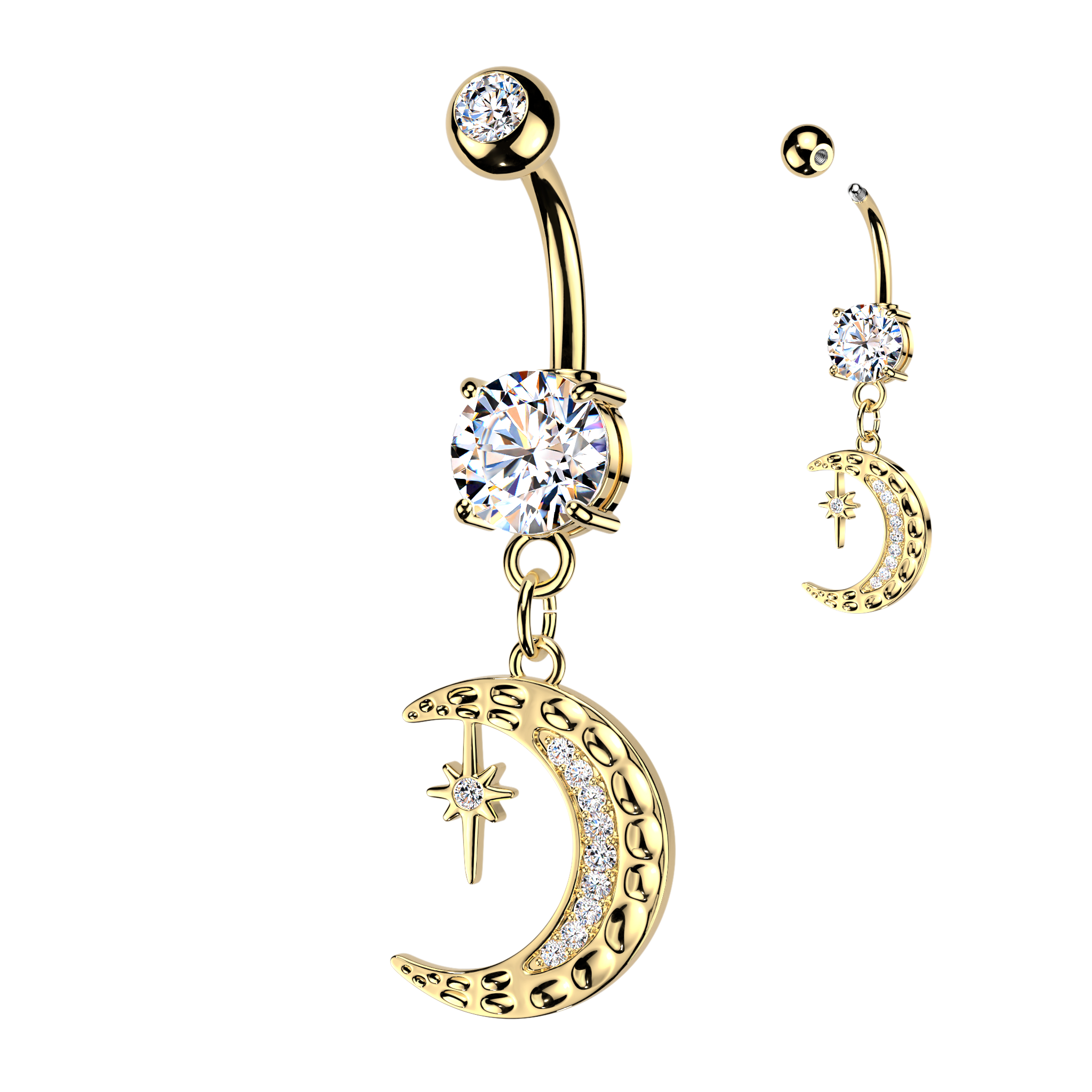 Gold belly button ring with moon and star charm on a white background
