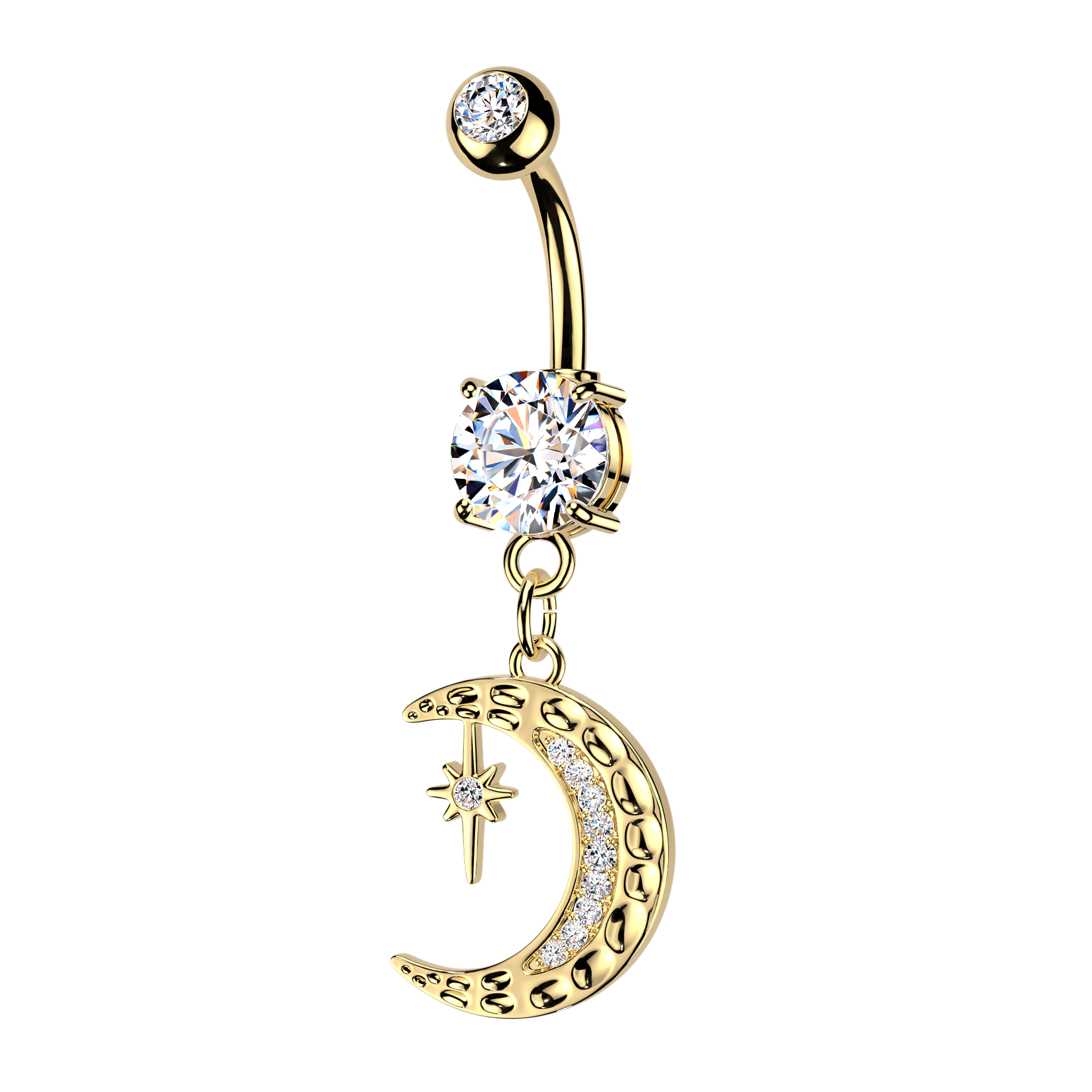 Gold belly button ring with moon and star charm on a white background