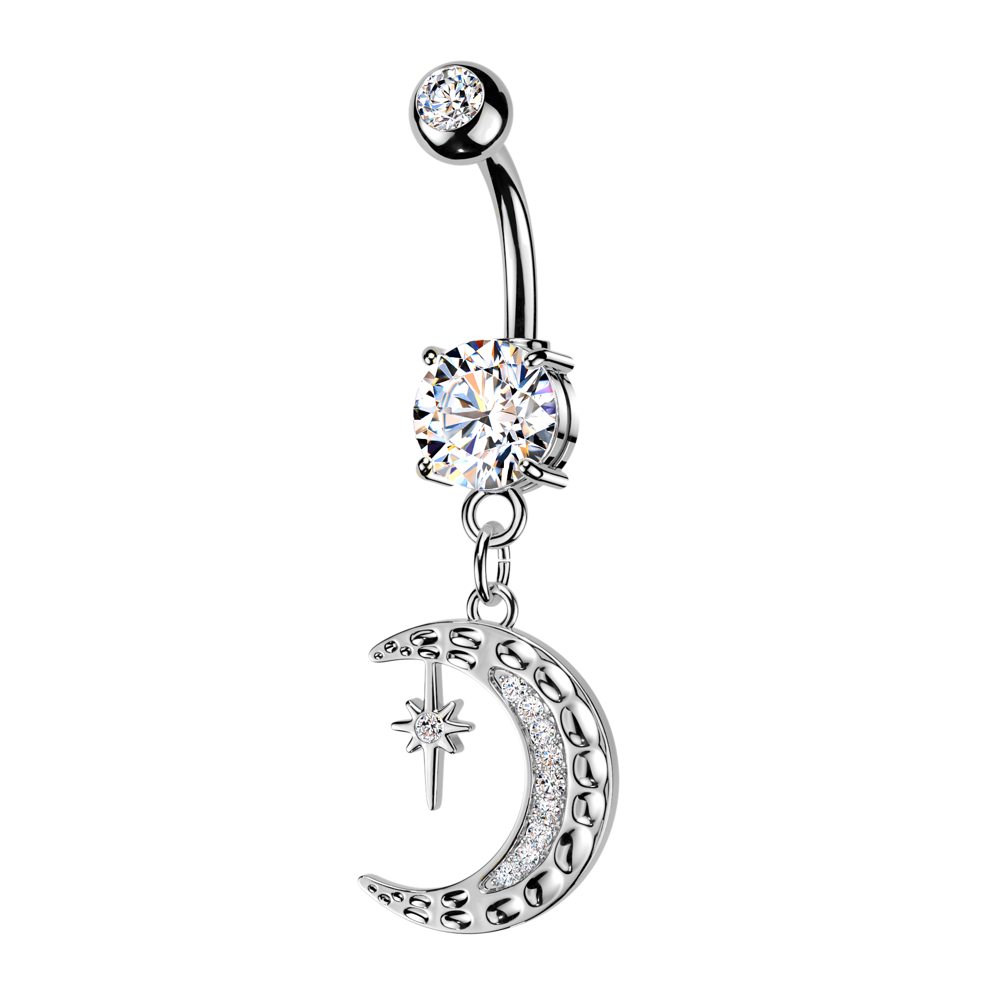 Silver belly button ring with moon and star design on a white background