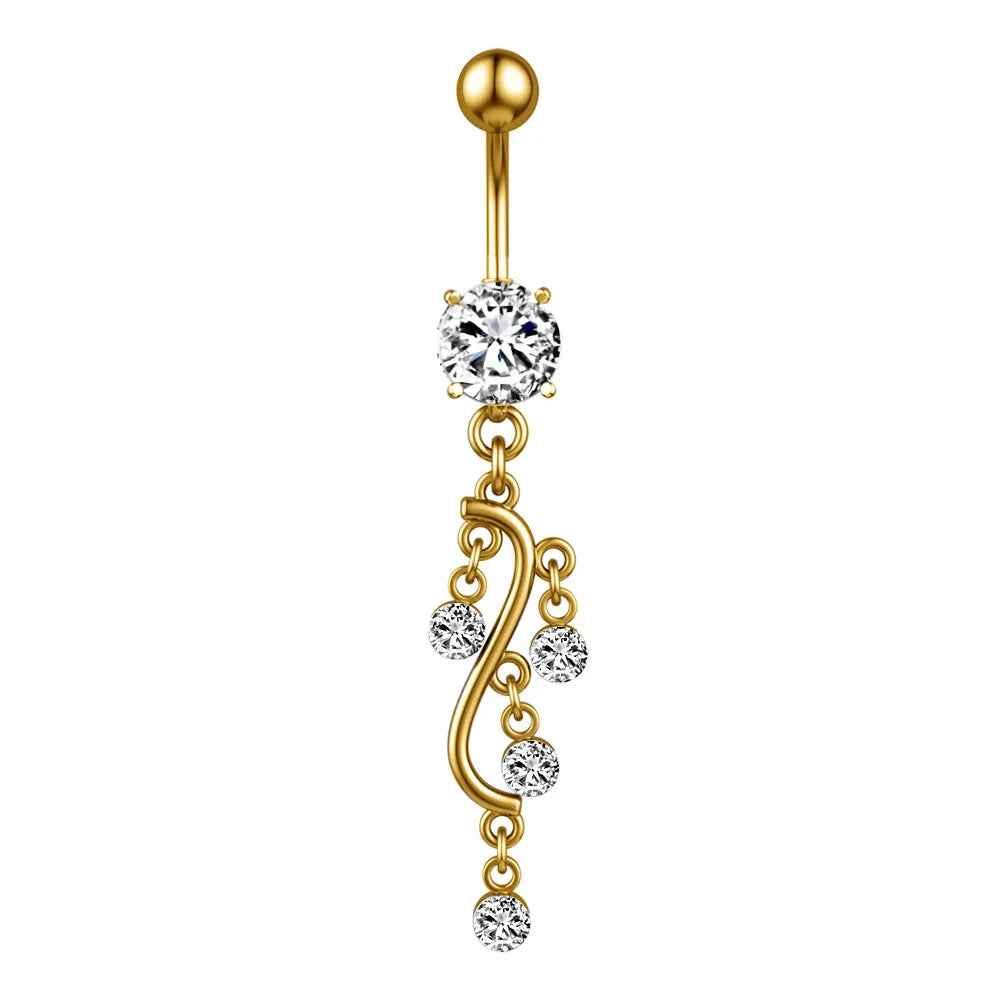 A silver-toned belly button ring featuring a ball top, a round bezel-set clear stone, a dangling open heart design, and a bottom round clear stone, shown on a plain white background.