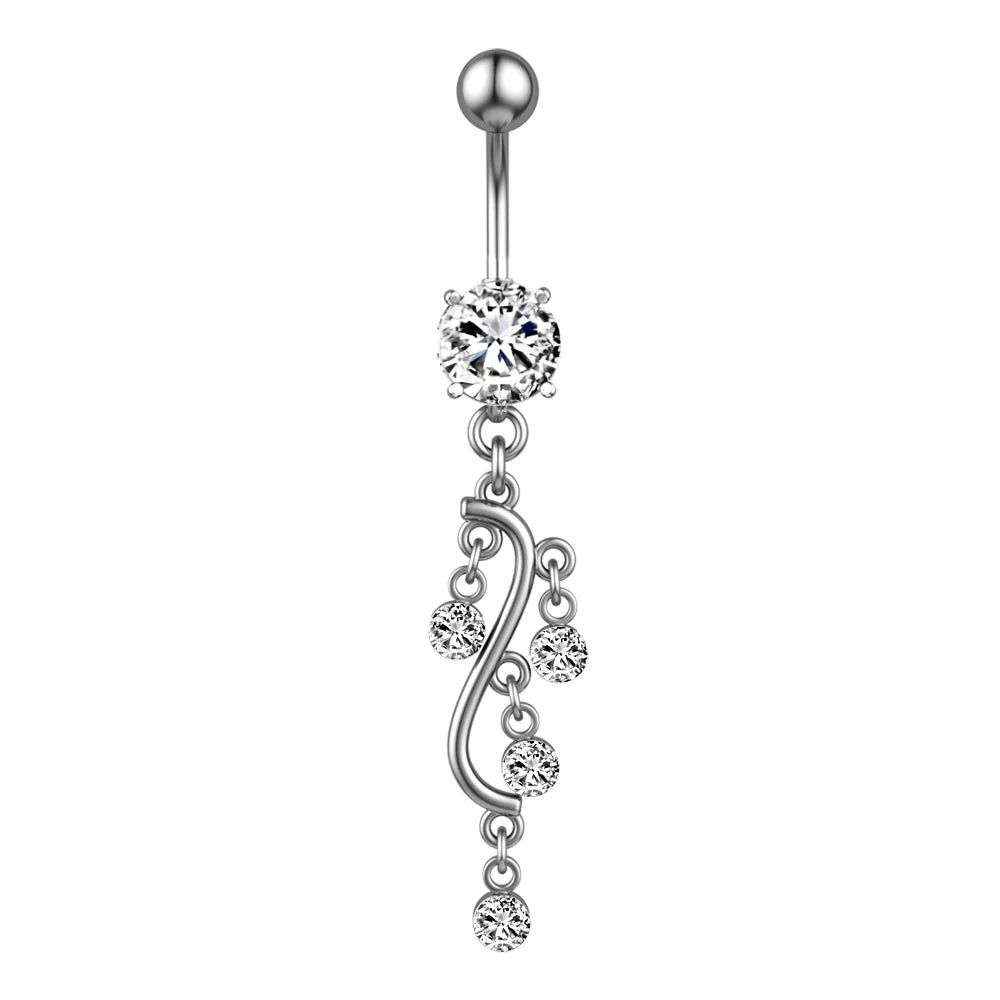 A silver-toned belly button ring with a curved drop design, featuring a round clear crystal at the top and five smaller clear crystals arranged along a wavy line below, set against a plain white background.