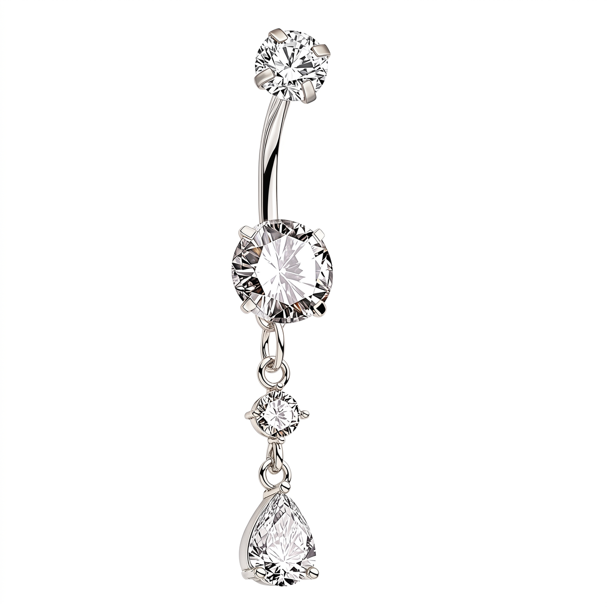 A silver-toned belly button ring with a curved barbell featuring a flower-shaped stud at the top, a large oval clear gemstone in the center, two smaller round clear gemstones below, and a dangling teardrop-shaped clear gemstone at the bottom, shown on a plain white background.