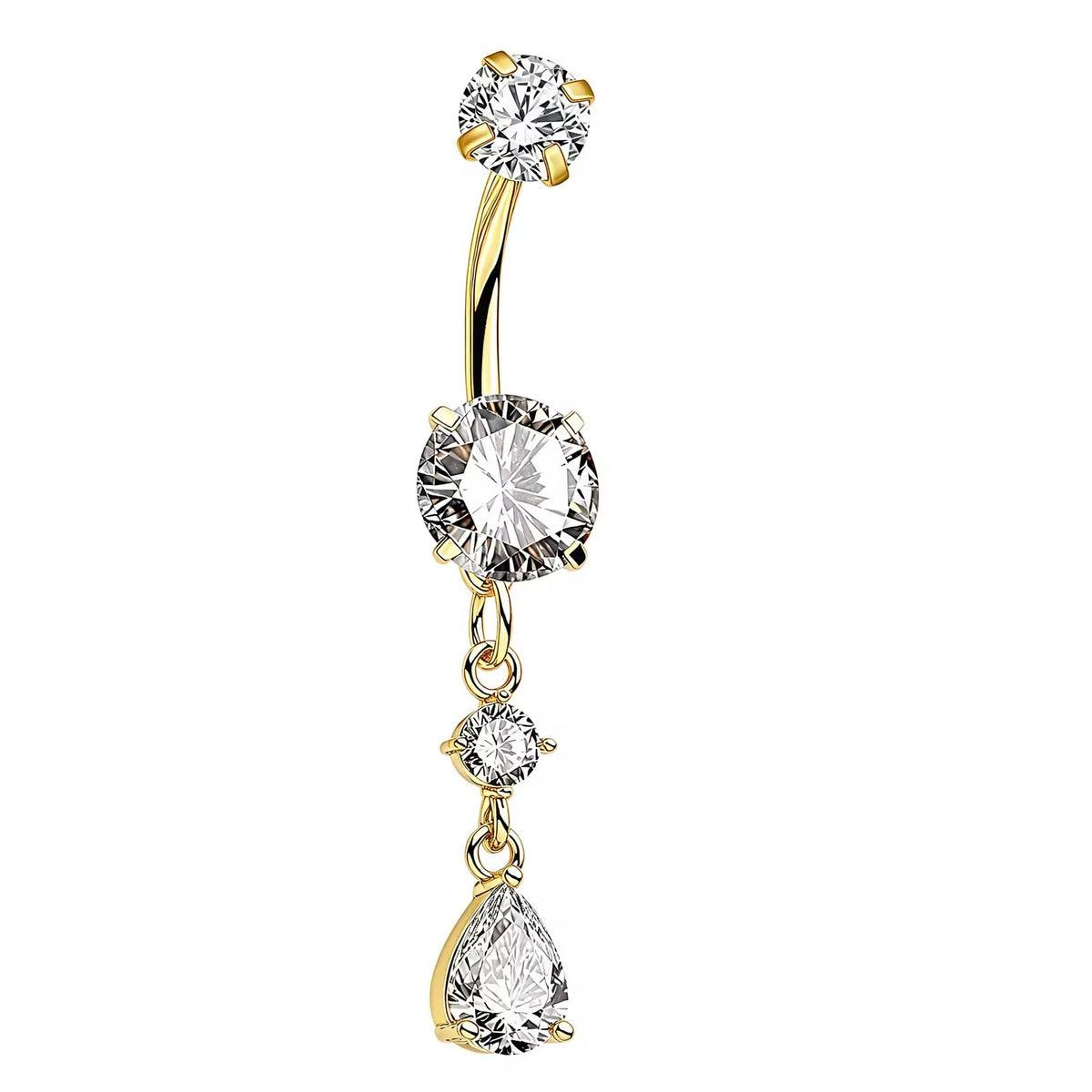 A gold-plated curved barbell belly button ring featuring three dangling clear faceted gemstones in prong settings, shown against a solid white background.