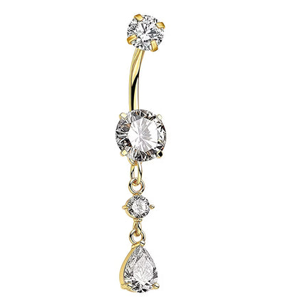 A gold-plated curved barbell belly button ring featuring three dangling clear faceted gemstones in prong settings, shown against a solid white background.