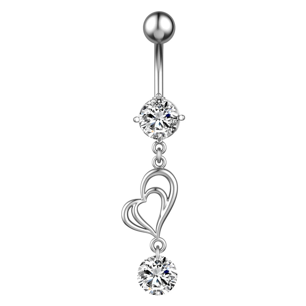 A silver-toned belly button ring featuring a ball end, a round clear gemstone, a dangling open heart design, and a bottom round clear gemstone, shown on a plain white background.