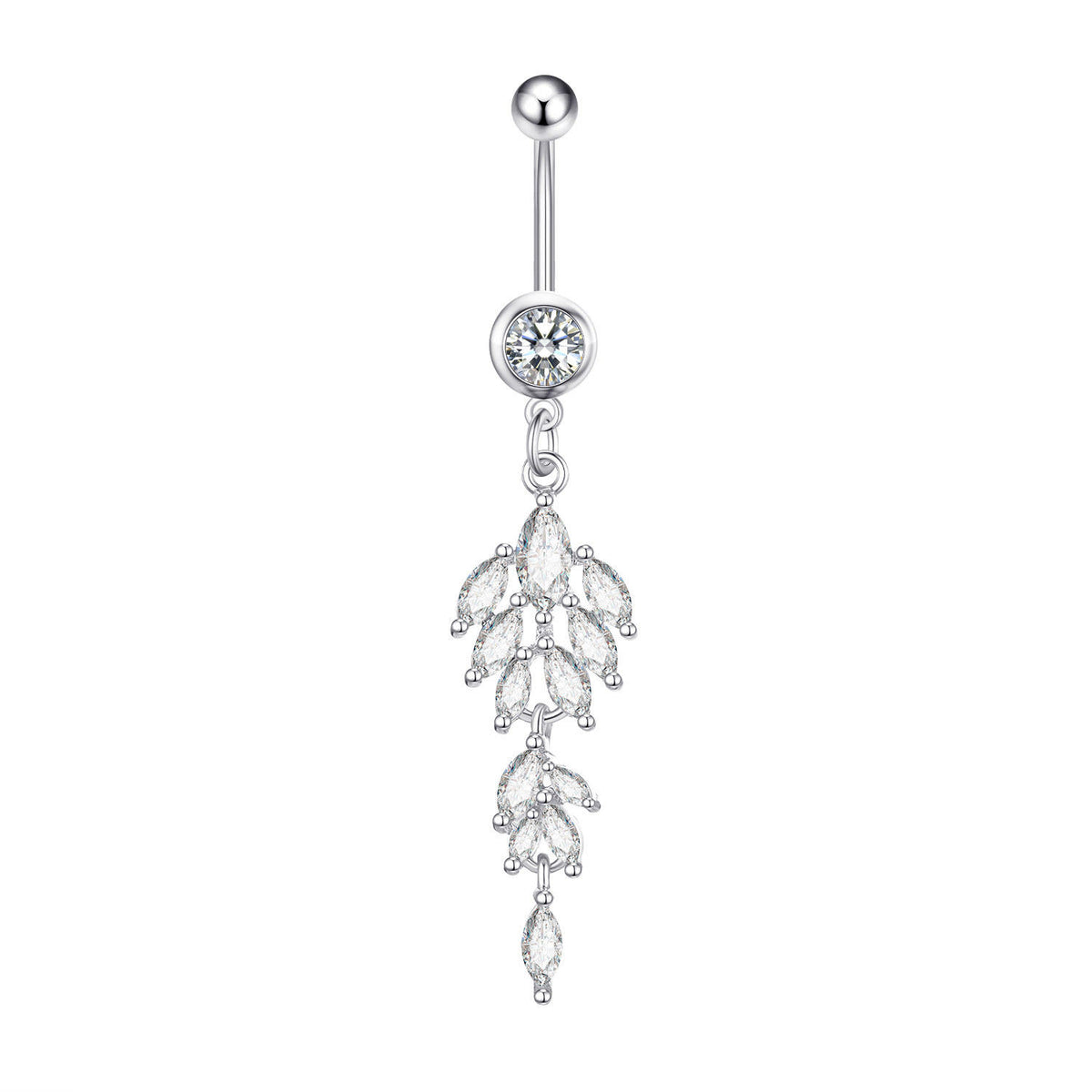 A silver-toned belly button ring featuring a single round clear gemstone and a dangling leaf-shaped marquise-cut crystal cluster, shown against a plain white background.