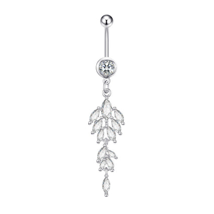 A silver-toned belly button ring featuring a single round clear gemstone and a dangling leaf-shaped marquise-cut crystal cluster, shown against a plain white background.