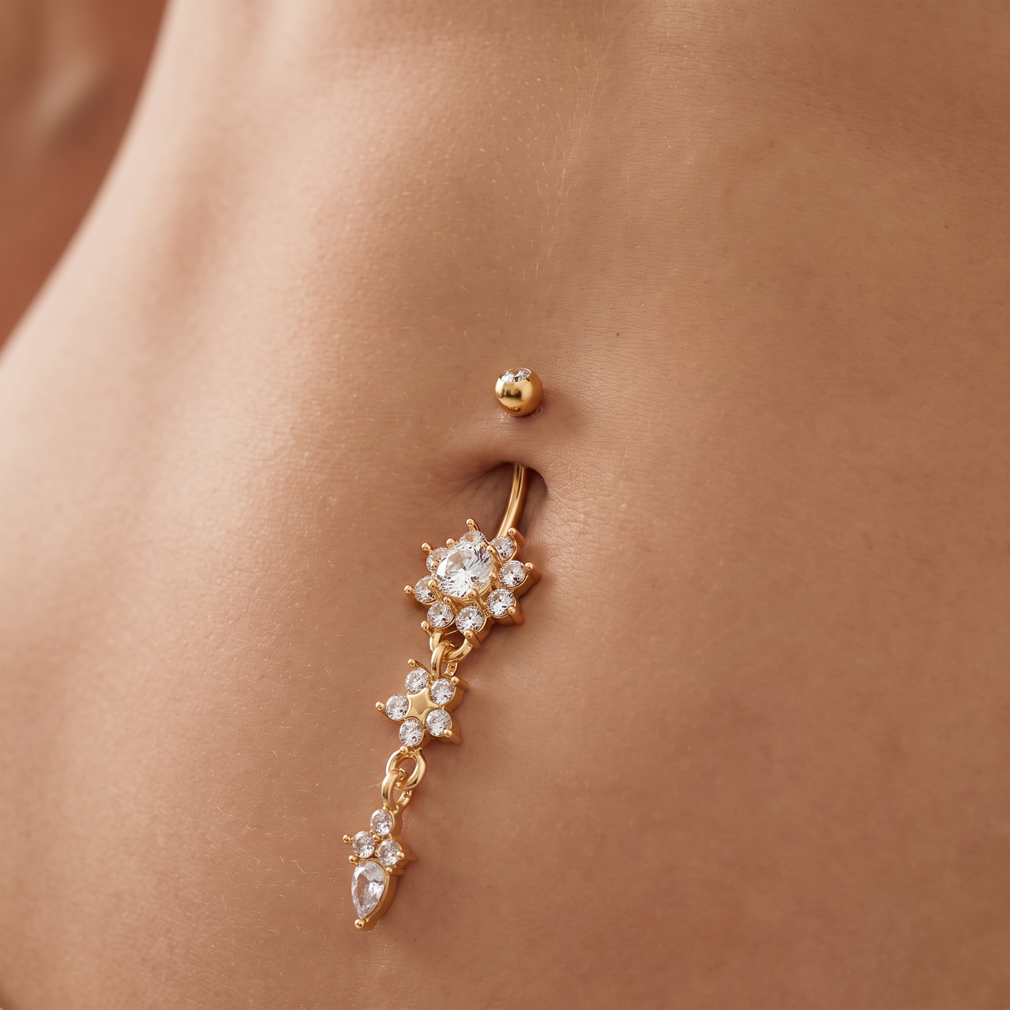 A gold-toned belly button ring with dangling floral and starburst designs set with clear crystals, shown worn on a person's navel.