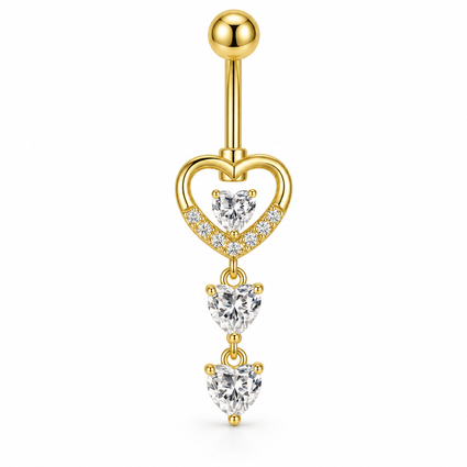 Gold-plated belly button ring with a heart-shaped dangle adorned with clear heart-shaped gemstones, shown on a solid white background.