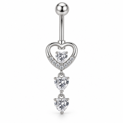 A silver-toned belly button ring featuring a heart-shaped pendant adorned with small clear stones and three dangling heart-shaped clear gemstones, shown on a plain white background.