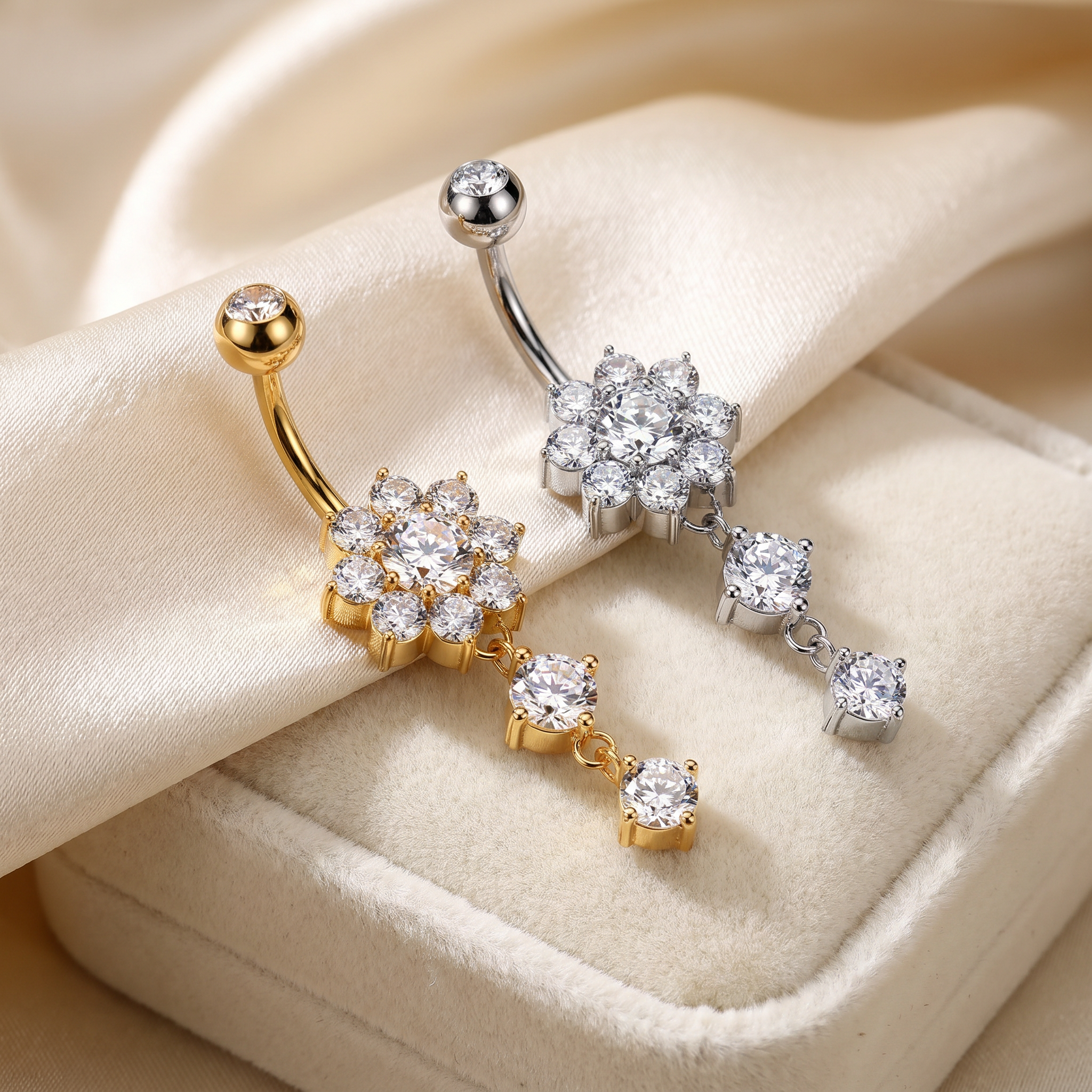 14 Gauge Double Dangling Crystal Flower Belly Bar