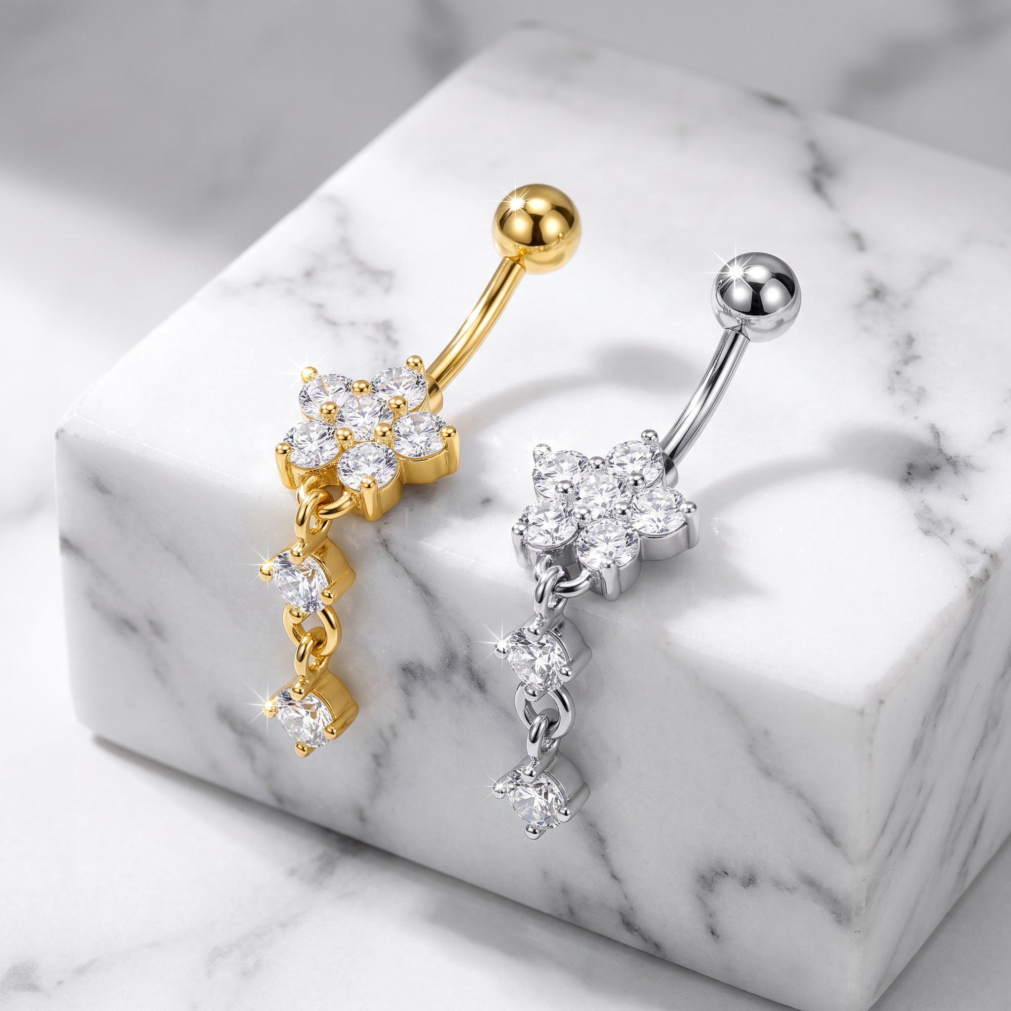 14 Gauge Double Dangling Crystal Flower Belly Bar