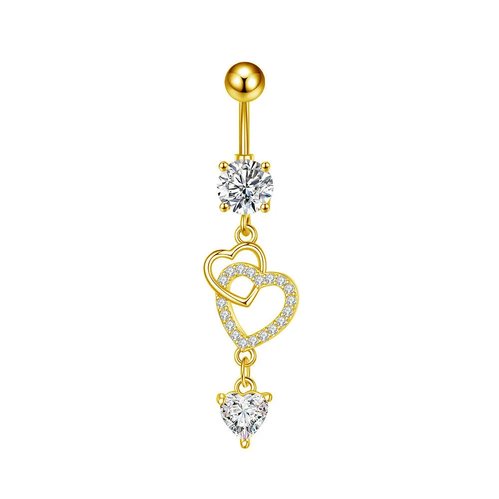 Gold belly button ring with heart-shaped pendants on a white background