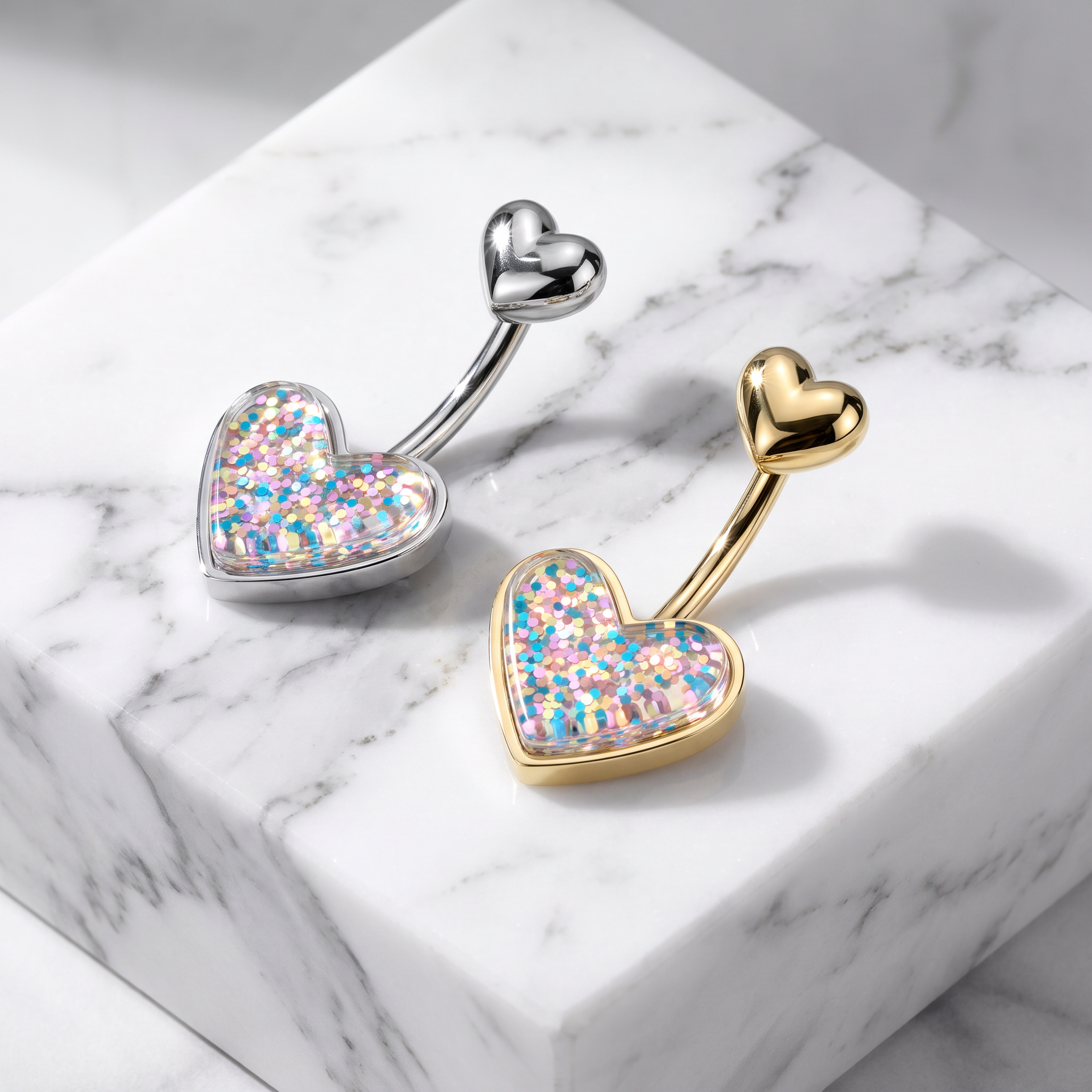 Two heart-shaped navel jewelry pieces with glitter-filled centers, one in silver and one in gold, displayed on a white marble block.