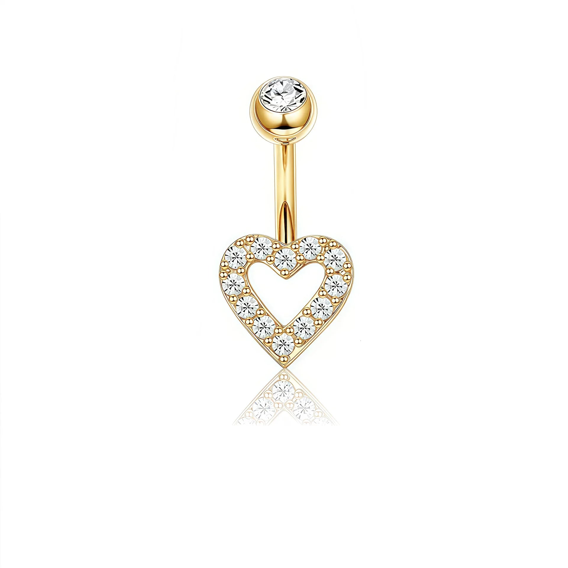 Gold-plated belly button ring with a heart-shaped pendant paved with clear cubic zirconia stones, featuring a round clear stone at the top, shown on a white background with a soft reflection.
